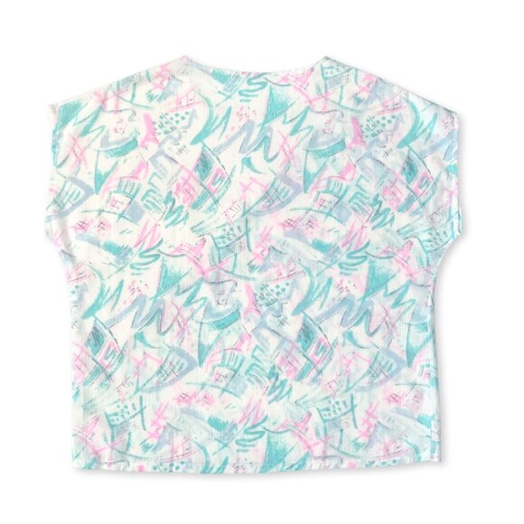 Vintage 80s Short Sleeve Top Jazz Memphis Vaporwave White Teal Pink Whimsical - Picture 2 of 8